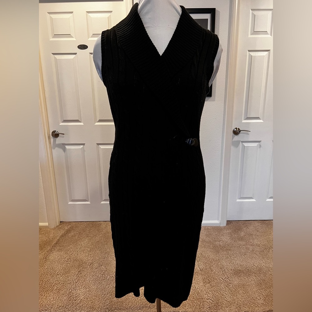 Calvin Klein collared, fitted, cable knit sweater dress, black